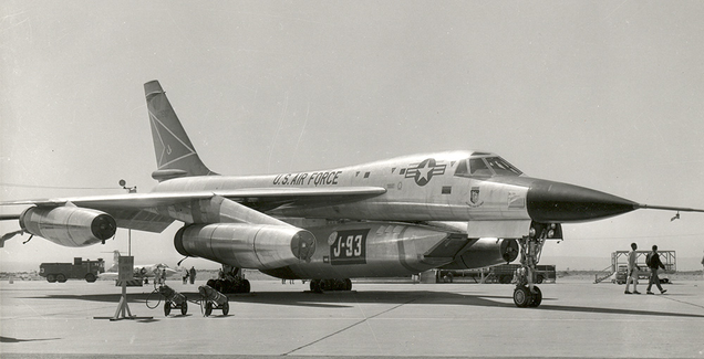 Though designed as a nuclear bomber, the B-58 also served as a supersonic testbed. Here, the center fuel and weapons pod is replaced with a General Electric J-93 engine pod for testing. Six J-93s powered the North American XB-70. (US Air Force)